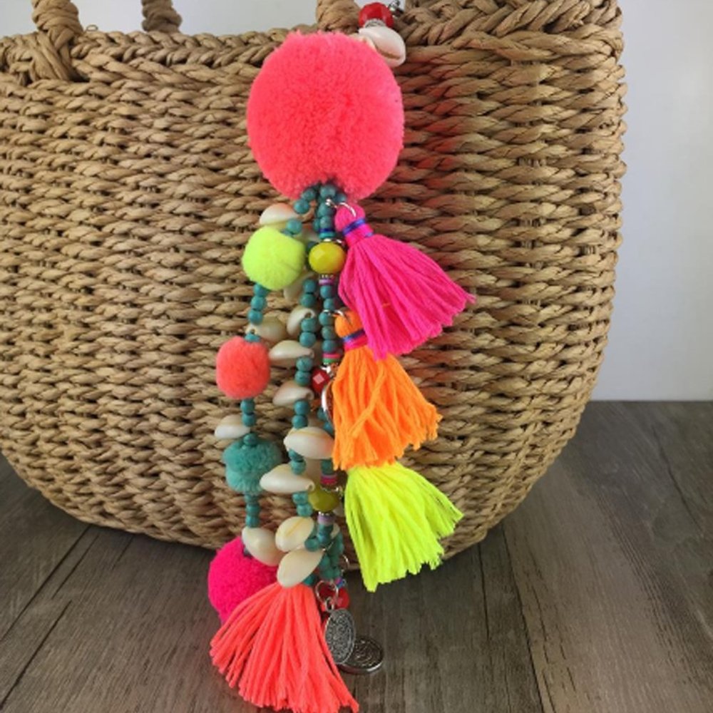 Pink Tassel Bag Charm, Tropical Beach Bag Charm